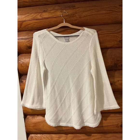 Chico's Sweaters - Chicos White Textured Knit Fringe Trim Bell Sleeve Sweater Size 1 Medium
